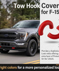 Ford F-150 truck with Ford F-150, Bronco and Toyota Tundra tow hook covers; beefed-up silicone exterior protection caps shown in red.