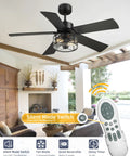 48 Inch Dope Industrial Black Farmhouse Ceiling Fan With Glass Shade, remote control visible, modern rustic room setting.