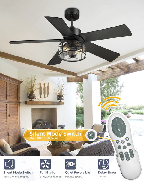 48 Inch Dope Industrial Black Farmhouse Ceiling Fan With Glass Shade, remote control visible, modern rustic room setting.