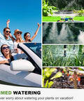 Collage showing Outdoor Water Timer For Garden Hose With Auto Manual And Rain Delay Modes No Fuss 3 Zone Sprinkler Controller