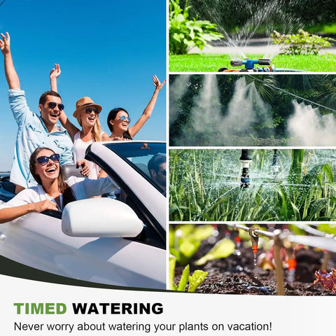 Collage showing Outdoor Water Timer For Garden Hose With Auto Manual And Rain Delay Modes No Fuss 3 Zone Sprinkler Controller