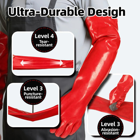 Extra Long Heavy Duty PVC Work Gloves Built Tough As Nails To Conquer Boiling Water And Harsh Chemicals, showing durability levels.