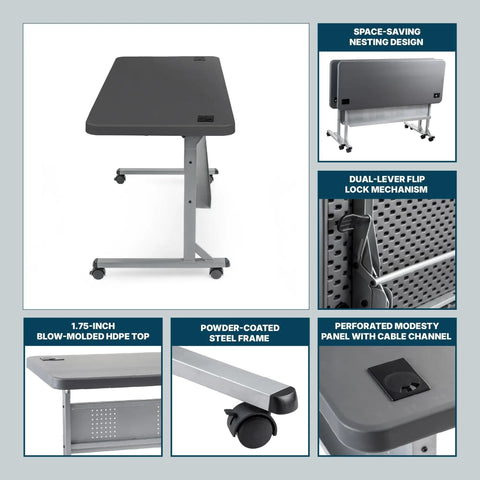 Pro Grade Nesting Flip Top Training Table With Blow Molded 1.75 Inch Thick Surface, Steel Frame, 24x60 Inch Charcoal Top