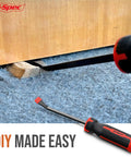 Beefy 8 Inch Pry Bar With Ergonomic Non Slip Handle And Striking Cap lifting trim from carpeted floor, product in close-up view.