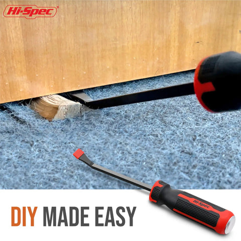 Beefy 8 Inch Pry Bar With Ergonomic Non Slip Handle And Striking Cap lifting trim from carpeted floor, product in close-up view.