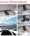 Heavy Duty Magnetic Sunglass Holder For Car Sun Visor With Secure Snap Clip And Soft Leather Wrap showcasing different glasses thickness.