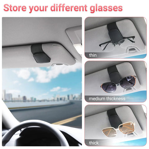 Heavy Duty Magnetic Sunglass Holder For Car Sun Visor With Secure Snap Clip And Soft Leather Wrap showcasing different glasses thickness.