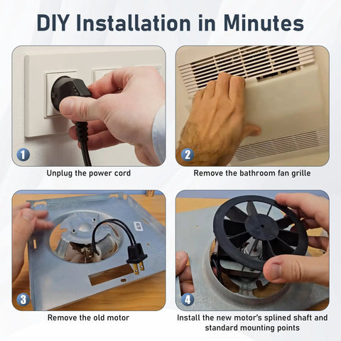 DIY install steps for Direct Drop In Replacement Bathroom Exhaust Fan Motor Kit For 50 CFM Quiet Ventilation with blower wheel.