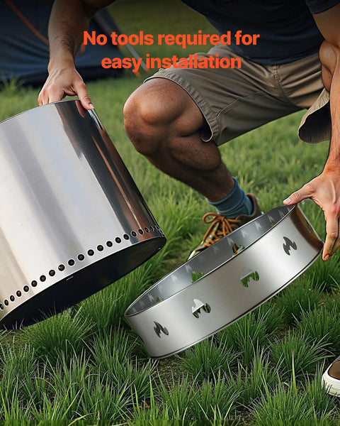 Person setting up Stainless Steel Fire Pit Stand For Solo Stove Bonfire 19.5 Inch Ring Compatible Smokeless Fire Pit