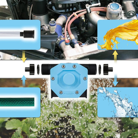 Heavy Duty Hand Drill Pump Moving 750 Gph Water Transfer Loads showing blue pump assembly and tubing for liquid removal.