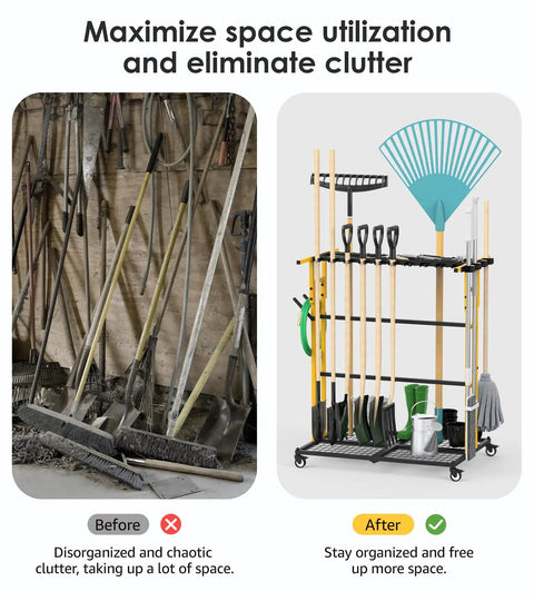 Before and after of garage using Mobile Garage Tool Organizer Cart On Wheels For Home And Garden with broom holder.