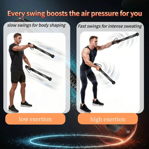 Two men demonstrating Cordless Battle Rope For Home Gym Grab And Go Training, showing low and high exertion exercises.