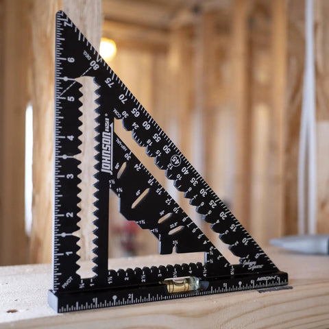 MACH-1 Smart Mark Rafter Square With Level Vial for fast accurate layouts on wooden beam
