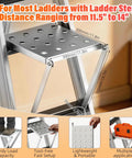 Heavy Duty Foldable Ladder Platform With Rock Solid Anti Slip Work Shelf Alloy Steel Step Attachment And Project Tray For Paint Gear Holds 400 Lbs Jobsite Ready showing step dimensions and features.