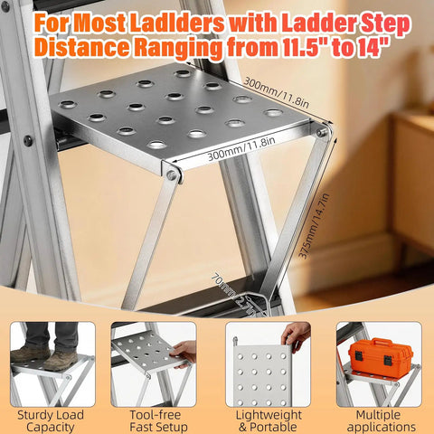 Heavy Duty Foldable Ladder Platform With Rock Solid Anti Slip Work Shelf Alloy Steel Step Attachment And Project Tray For Paint Gear Holds 400 Lbs Jobsite Ready showing step dimensions and features.