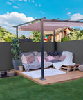 Outdoor setup with Double Side Patio Shade Awning With Dope Retractable Privacy Screen 236 By 71 Inches in dark gray