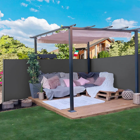 Outdoor setup with Double Side Patio Shade Awning With Dope Retractable Privacy Screen 236 By 71 Inches in dark gray