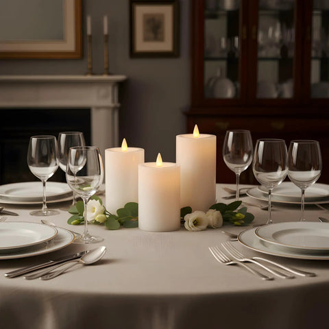 Flameless Pillar Candles Set Of 3 With Remote And Timer, Battery Operated LED Candles With Real Wax Look, 3D Moving Flame, on dining table