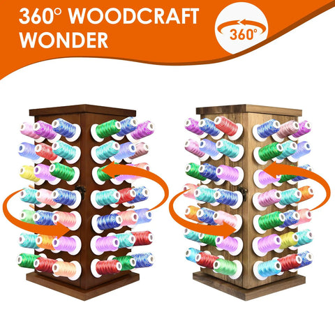 Pretty Slick Wooden 84 Spool Thread Rack With 360 Degree Rotation And Hidden Compartments For Sewing Embroidery Craft Threads Storage Organizer And Needles Bobbins, showing colorful spools on a rotating base.
