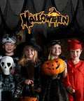 Four children in Halloween costumes holding props, featuring a spooky theme with a black backdrop.