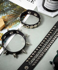 Six Piece Punk Leather Bracelet Set Featuring Hardcore Spikes Mixed Metal Studs Black Cuff Bands For Badass Street Style And Fresh Everyday Drip For Any Occasion - close-up of black cuffs with spikes and studs.