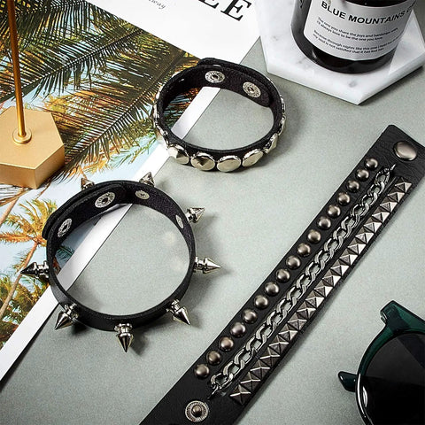 Six Piece Punk Leather Bracelet Set Featuring Hardcore Spikes Mixed Metal Studs Black Cuff Bands For Badass Street Style And Fresh Everyday Drip For Any Occasion - close-up of black cuffs with spikes and studs.