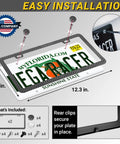Fresh Black Carbon Fiber License Plate Frames Two Pack Slim Heavy Duty Auto Accessories Truck Car Universal Drop In Fit Street Legal Badass Vanity Upgrade with installation guide, showing dimensions and included clips.