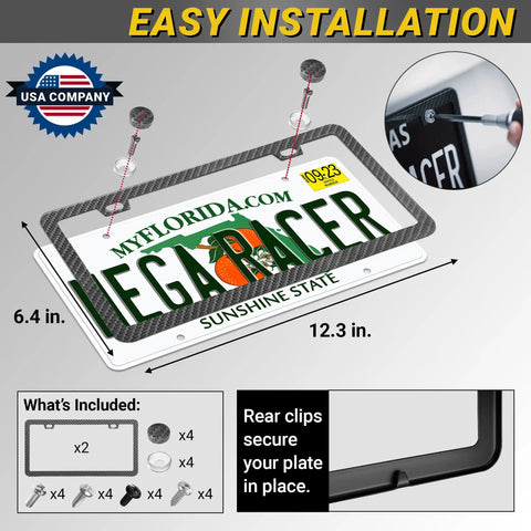 Fresh Black Carbon Fiber License Plate Frames Two Pack Slim Heavy Duty Auto Accessories Truck Car Universal Drop In Fit Street Legal Badass Vanity Upgrade with installation guide, showing dimensions and included clips.