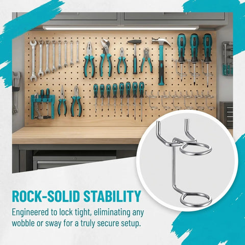 5 Piece Pegboard Screwdriver Holder Set With Double Ring Tool Organizers For Screwdrivers Pliers Wrenches And Hammers Wall Mount Hooks And Hangers For Easy Access Grab And Go Space Saving Garage Tool Storage installed on pegboard with tools.