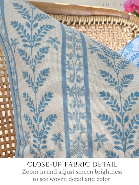 Blue Floral Block Print Pillow Cover With Off White Background, Cozy Throw Pillow Cover For Sofa Or Bed, Grandmillennial Style With Leaf Detail, Subtle Blue Grey Piping, Durable Upholstery Fabric, 20x20 close-up woven fabric detail