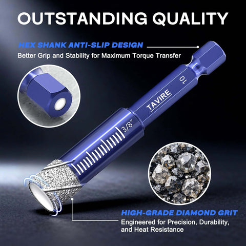 Front view of blue hex-shank diamond drill bit set for tile and stone; six pieces, 1/4–1/2 in.