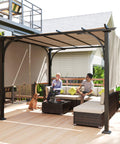 10x10 Patio Pergola With Weather Resistant Steel Frame And Fully Adjustable Sliding Canopy Shade in backyard with seating