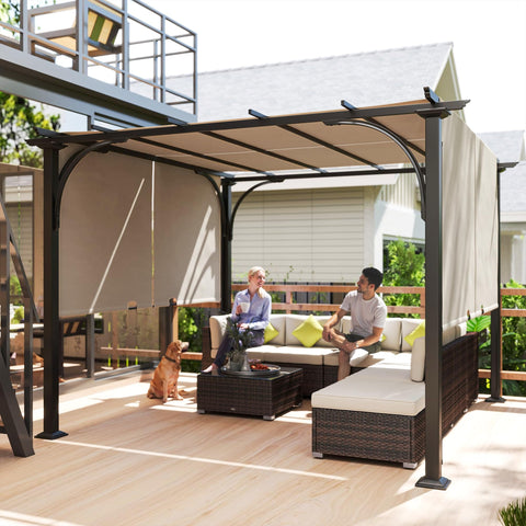 10x10 Patio Pergola With Weather Resistant Steel Frame And Fully Adjustable Sliding Canopy Shade in backyard with seating
