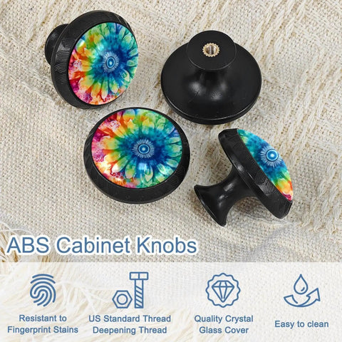 Four Piece Round Cabinet Knob Set For Kids Drawer Pulls And Cupboard Handles with colorful design and black base