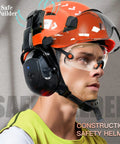 Side view of man wearing cap mounted ear muffs for hard hats with 29dB SNR adjustable helmet attachments black safety earmuffs.