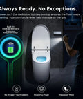 Sleek Sensor Activated Smart Toilet With Built In Bidet Pump And Self Cleaning Deodorizer Featuring Heated Seat And Smooth Flushing Action Straight Up Perfect For Low Water Pressure Modern Bathrooms with battery backup in a dark setting.