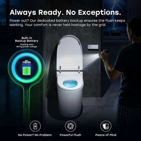 Sleek Sensor Activated Smart Toilet With Built In Bidet Pump And Self Cleaning Deodorizer Featuring Heated Seat And Smooth Flushing Action Straight Up Perfect For Low Water Pressure Modern Bathrooms with battery backup in a dark setting.