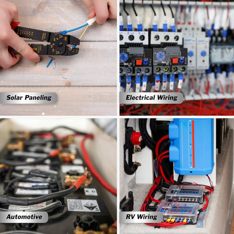 Heavy Duty 5 Gauge Battery Cables 10 Foot Red Black Power Cord Kit shown in solar, electrical, automotive, and RV wiring applications.