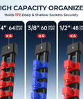 Beefy Heavy Duty Socket Organizer Rack With 64 Clips For Quarter Inch, 60 Clips For Three Eighths Inch, And 48 Clips For One Half Inch