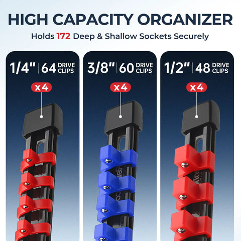 Beefy Heavy Duty Socket Organizer Rack With 64 Clips For Quarter Inch, 60 Clips For Three Eighths Inch, And 48 Clips For One Half Inch