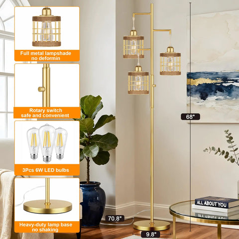 Industrial Style Tree Floor Lamp With Stepless Dimmable Brightness 68 Inch Tall Standing Light For Living Room Bedroom Office E26 Socket 3 LED Bulbs Included Black Finish