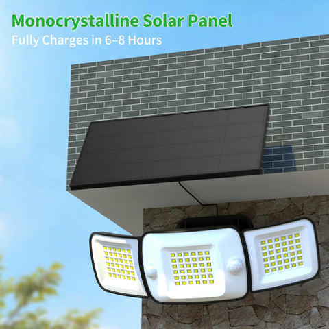 Beefy 1200 Lumen Solar Flood Light Outdoor Waterproof With Dual Motion Sensor mounted on brick wall