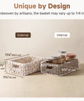 Water Hyacinth Wicker Storage Baskets For Organizing On Shelves And In Pantry White Two Pack Perfect For Towels Snacks Laundry Supplies Bins Eleven And A Quarter By Seven And A Half By Three And A Half Inches displaying size dimensions and filled with jars and items on a beige background.
