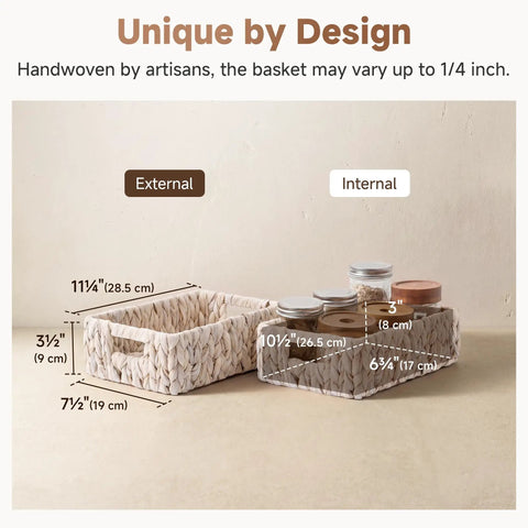 Water Hyacinth Wicker Storage Baskets For Organizing On Shelves And In Pantry White Two Pack Perfect For Towels Snacks Laundry Supplies Bins Eleven And A Quarter By Seven And A Half By Three And A Half Inches displaying size dimensions and filled with jars and items on a beige background.