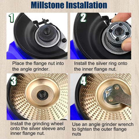 Step-by-step guide for installing All In One Pro Grade Wood Carving Disc Kit For Angle Grinders, Five Piece Set attachments.