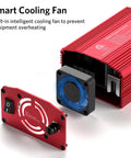 Heavy Duty Car Power Inverter Converts 12V DC To 110V AC With Dual US Socket Outlets showing smart cooling fan inside.