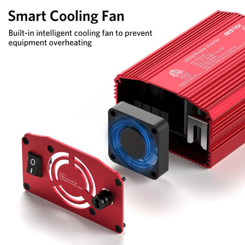 Heavy Duty Car Power Inverter Converts 12V DC To 110V AC With Dual US Socket Outlets showing smart cooling fan inside.