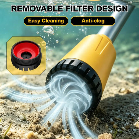 Heavy Duty Cordless Stick Transfer Pump Battery Powered For Tight Spots With 3 Section Detachable Tube demonstrating removable filter design under water.