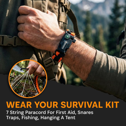 Tactical Paracord Compass Survival Bracelet Set with Fire Starter Kit and Whistle, worn outdoors, black and orange