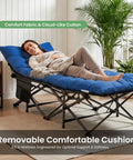 Folding Camping Cot With 3.5-Inch Cushion, Built Tough Rollaway Bed For Indoor And Outdoor Use, woman relaxing on cot indoors